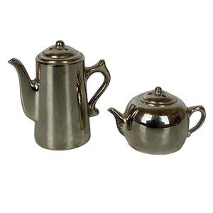 Miniature Shiny Silverplate Coffeepot Teapot Salt & Pepper Shaker Set